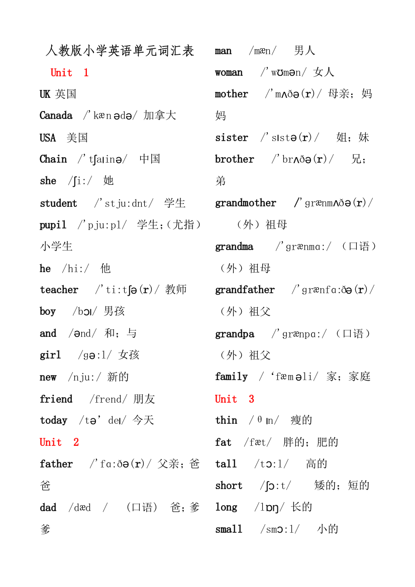 人教版-英语三年级下册-单元词汇表