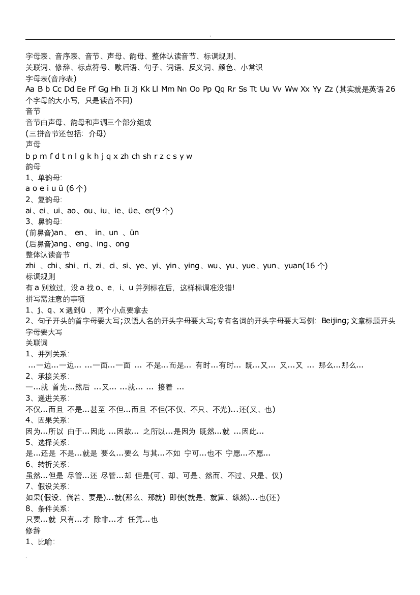 (完整word版)母表、音序表、音节、声母、韵母、整体认读音节、标调规则、(word文档良心出品)