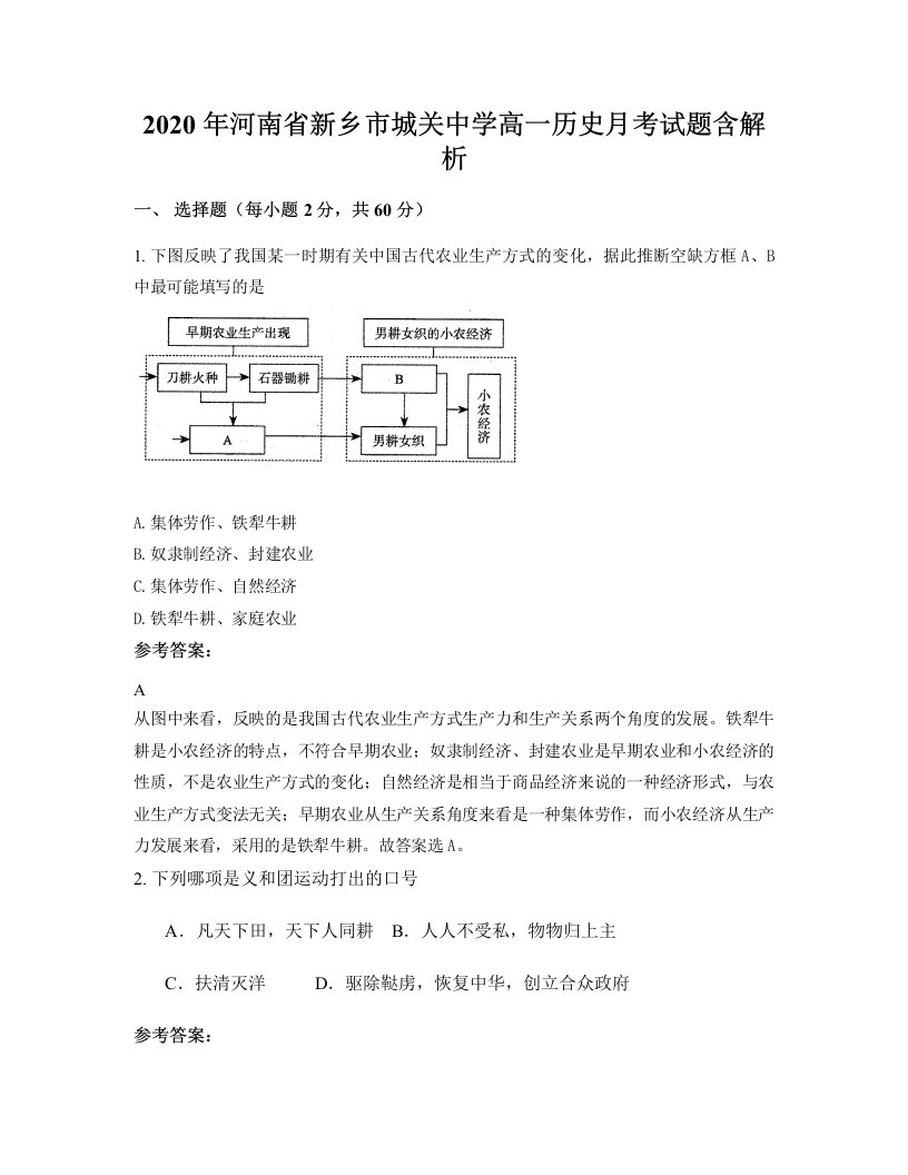 2020年河南省新乡市城关中学高一历史月考试题含解析