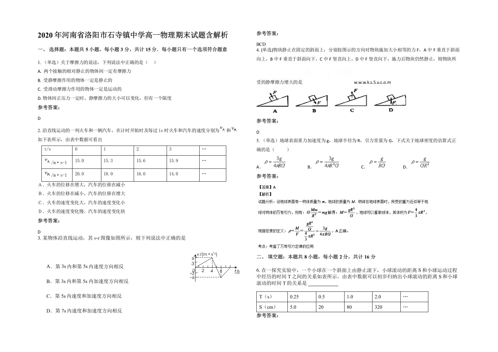 2020年河南省洛阳市石寺镇中学高一物理期末试题含解析