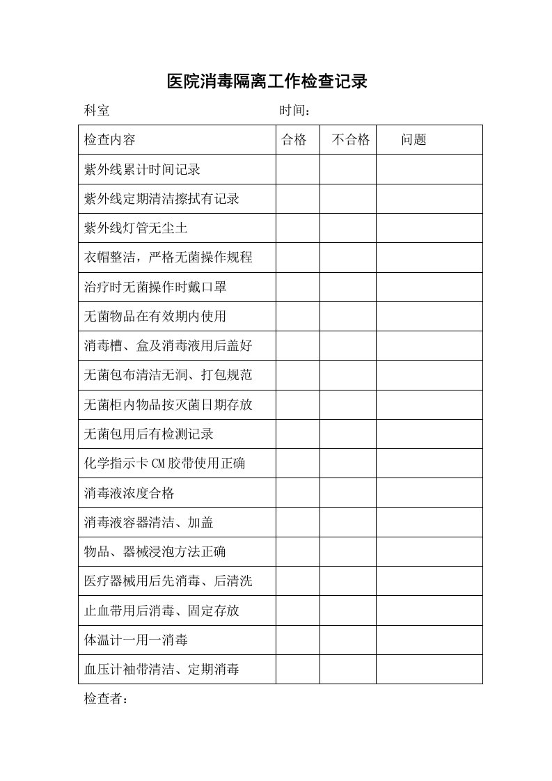 医院消毒隔离工作检查记录