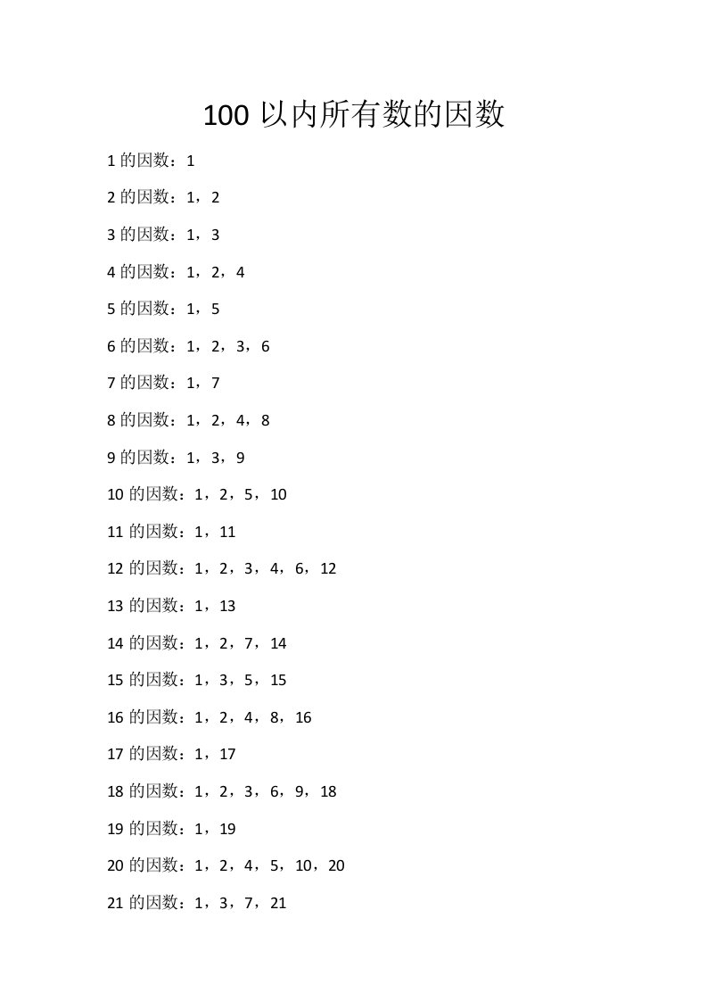 100以内所有数的因数