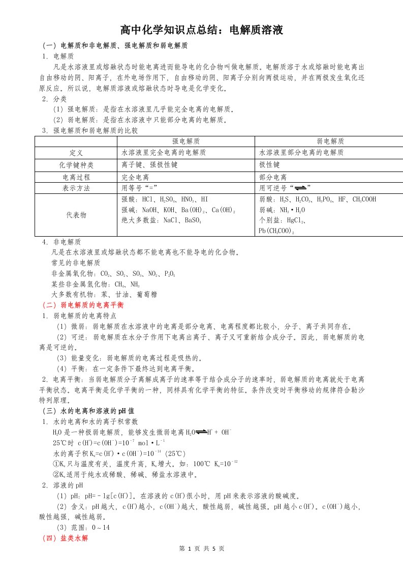 高中化学知识点总结：电解质溶液