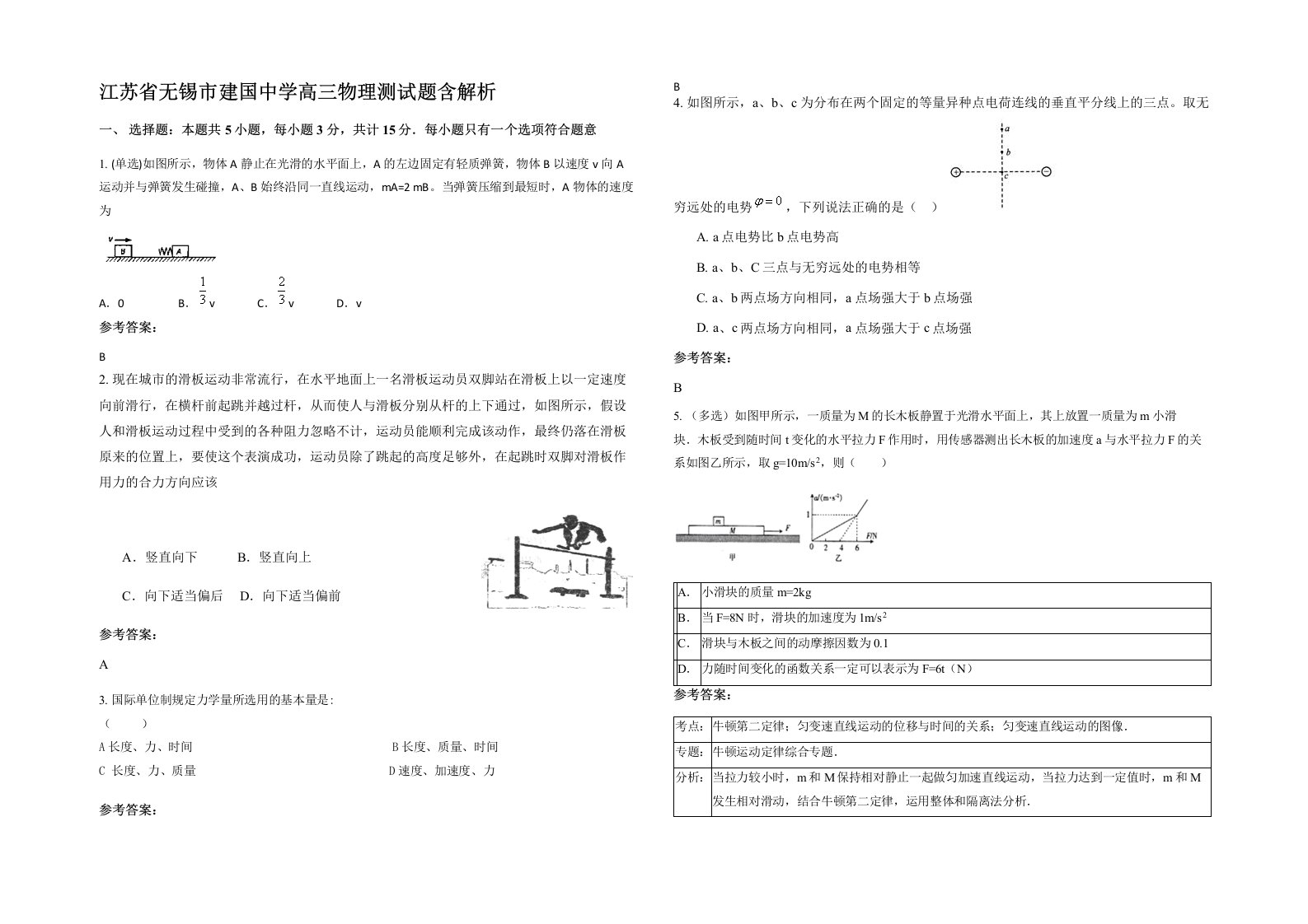 江苏省无锡市建国中学高三物理测试题含解析