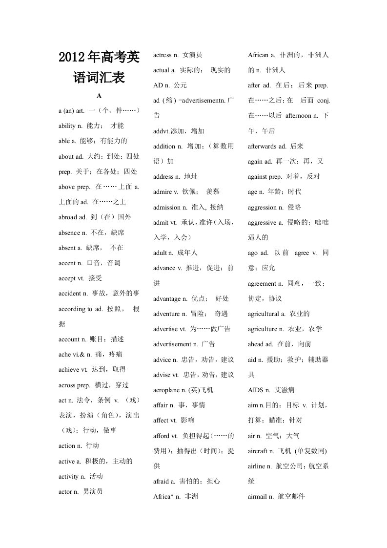 2012年高考英语词汇表