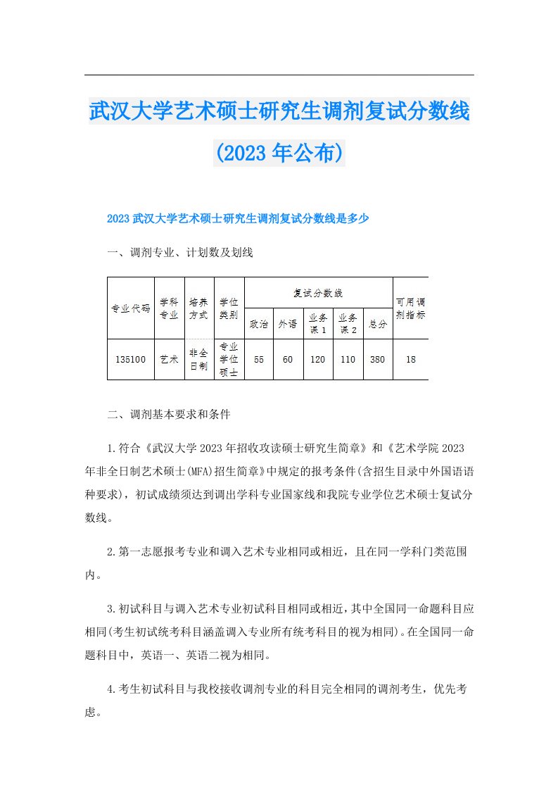 武汉大学艺术硕士研究生调剂复试分数线(公布)