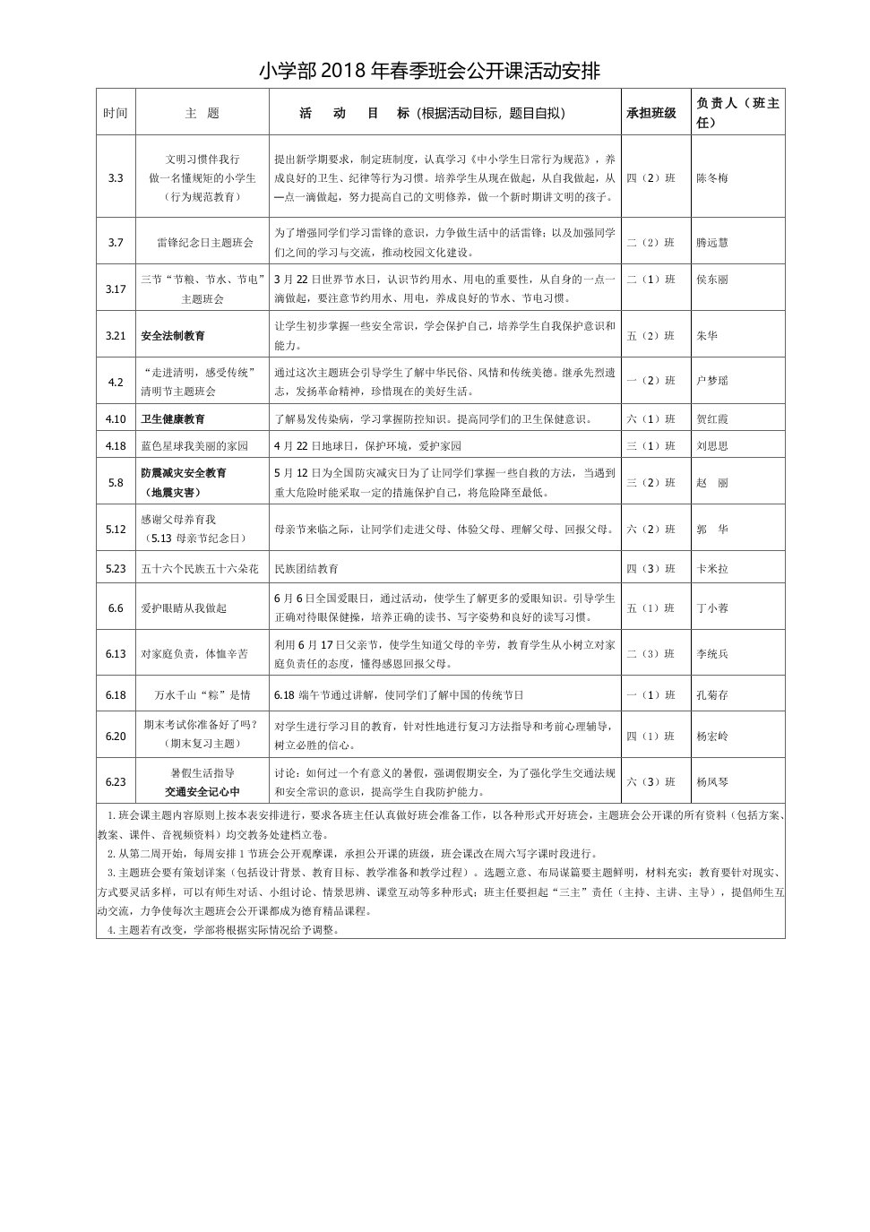 小学第二学期主题班会安排表