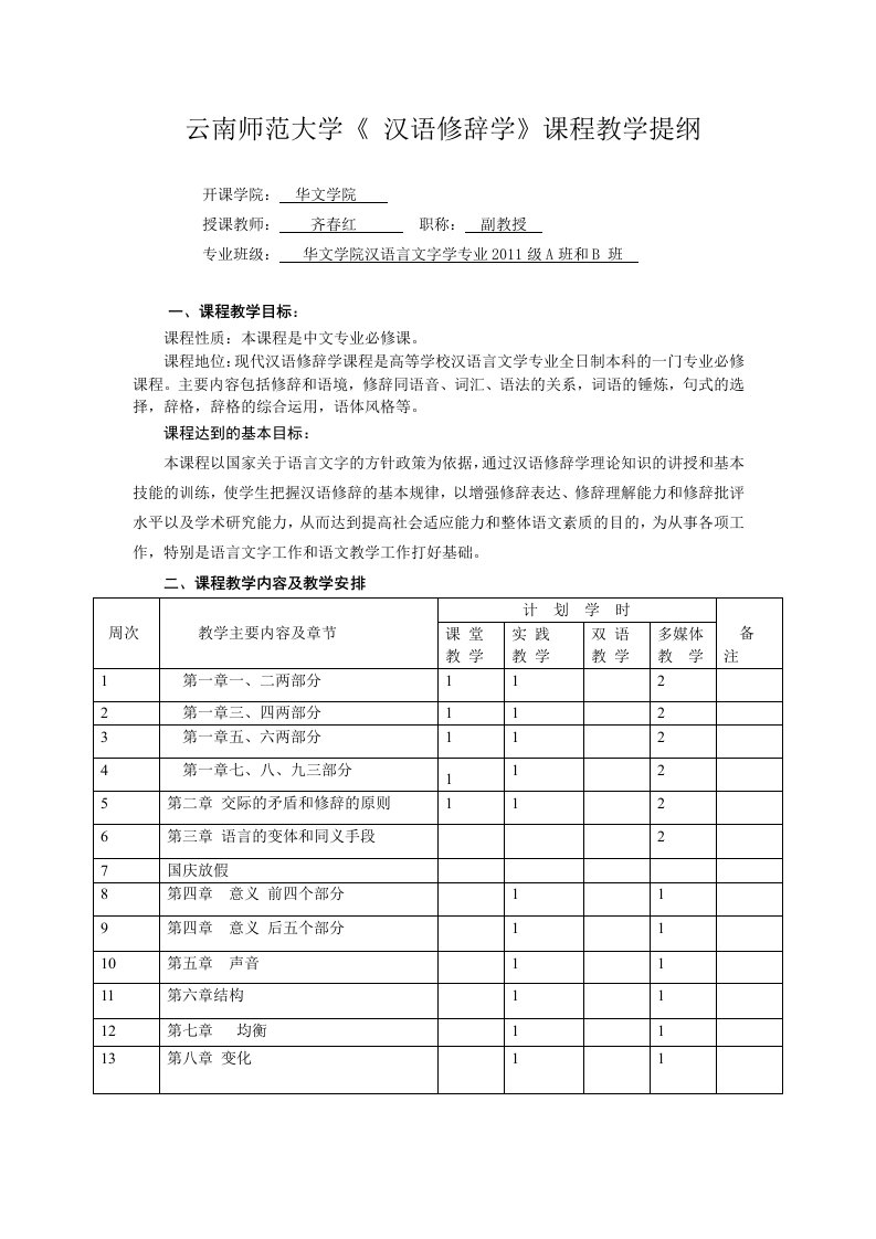 云南师范大学课程教学提纲(汉语修辞学)