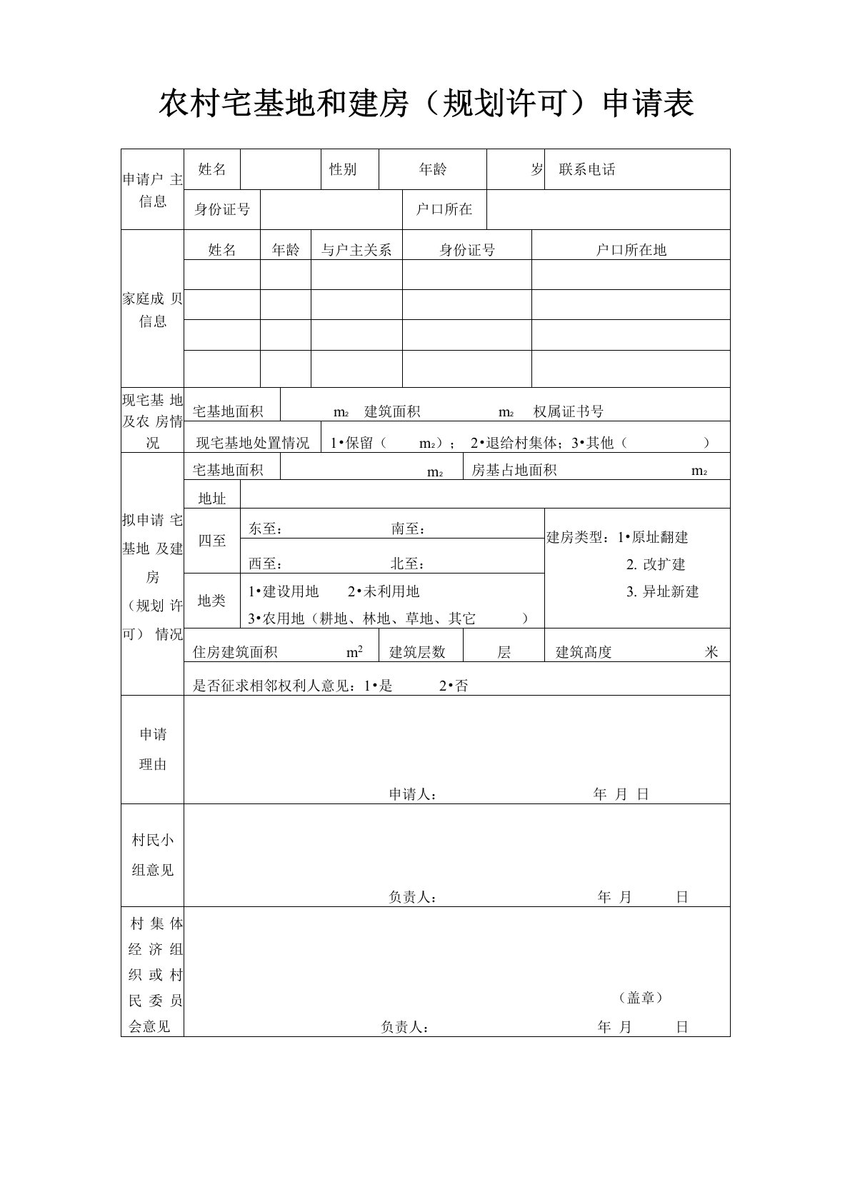 农村宅基地和建房申请表