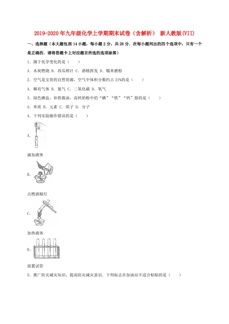 2019-2020年九年级化学上学期期末试卷（含解析）