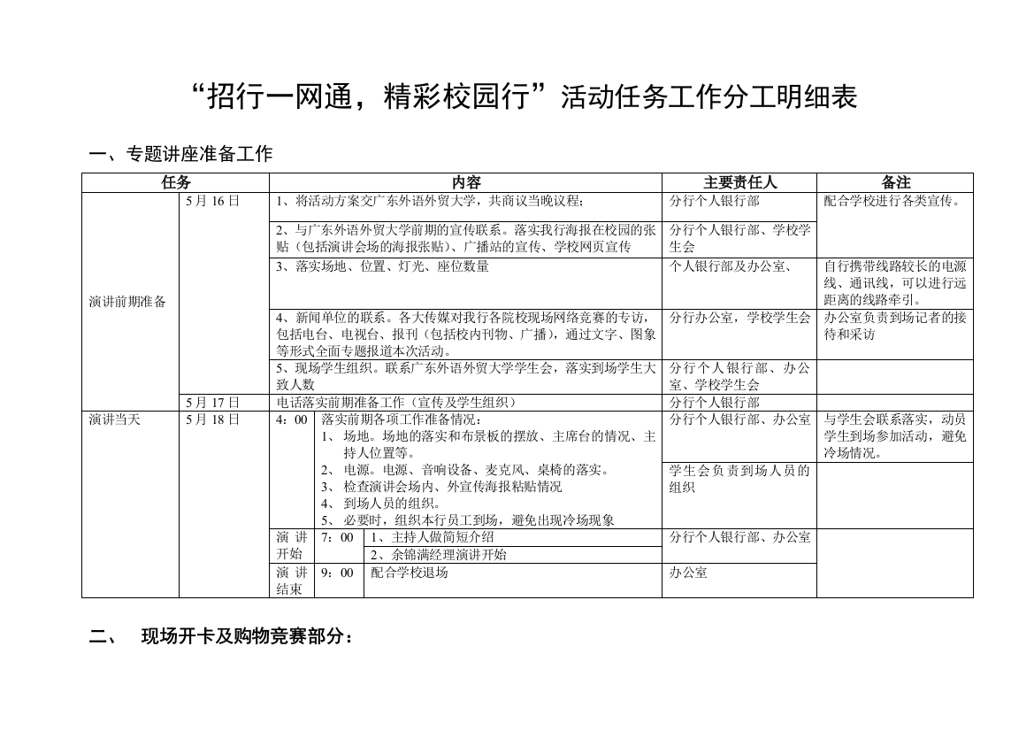 “招行一网通，精彩校园行”活动任务工作分工明细表