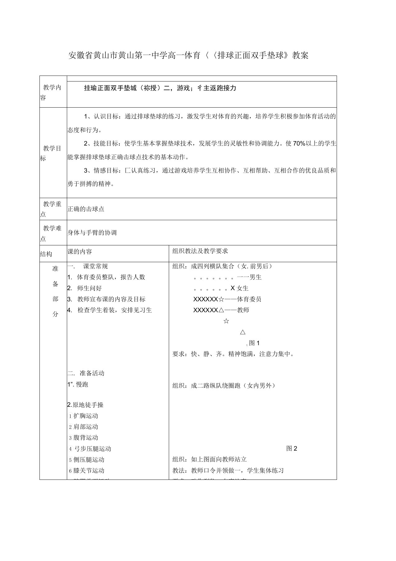 高一体育《排球正面双手垫球》教案