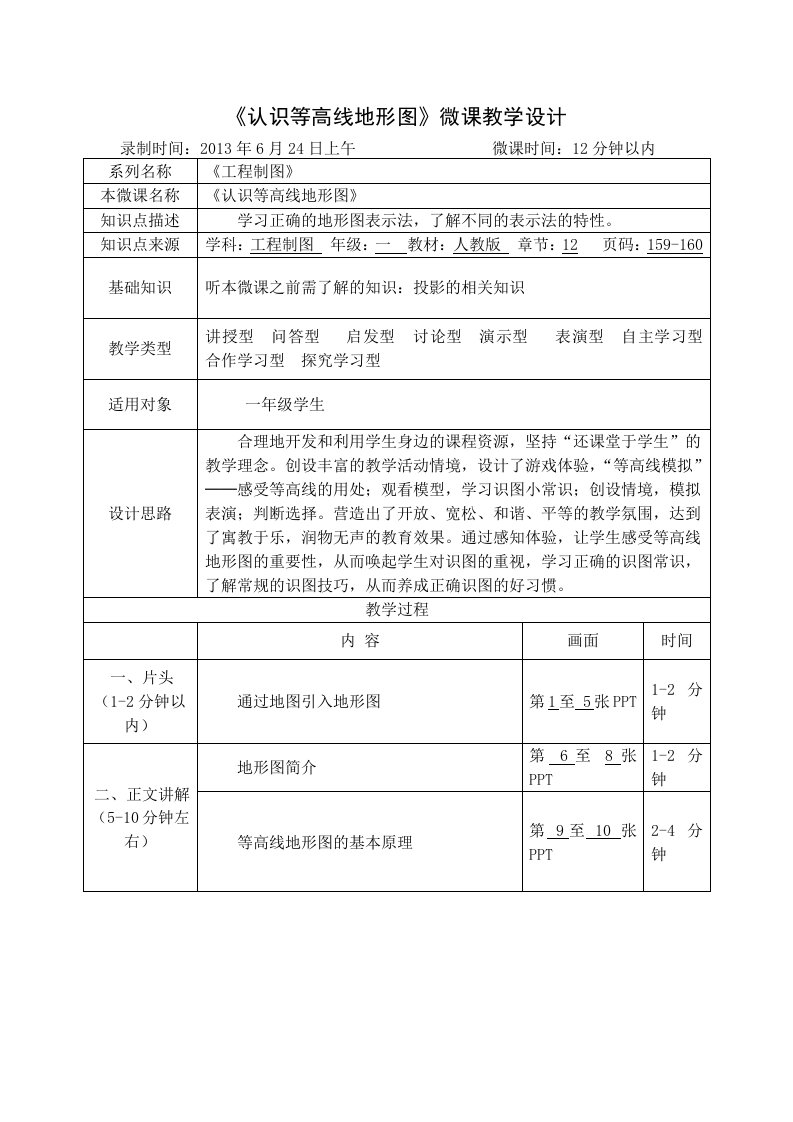 《认识等高线地形图》微课教学设计