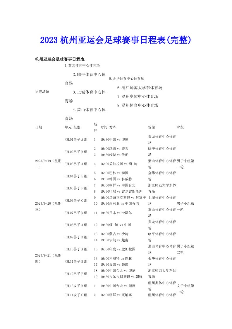 2023杭州亚运会足球赛事日程表(完整)