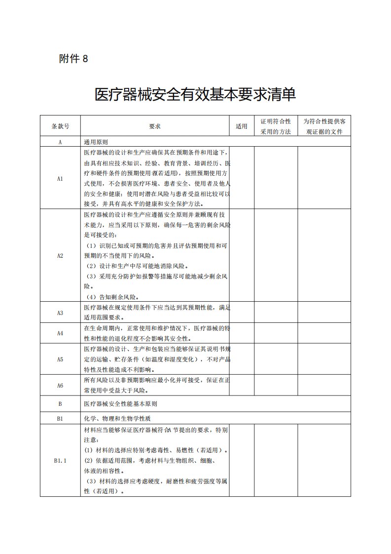 总局43号公告附件8医疗器械安全有效基本要求清单