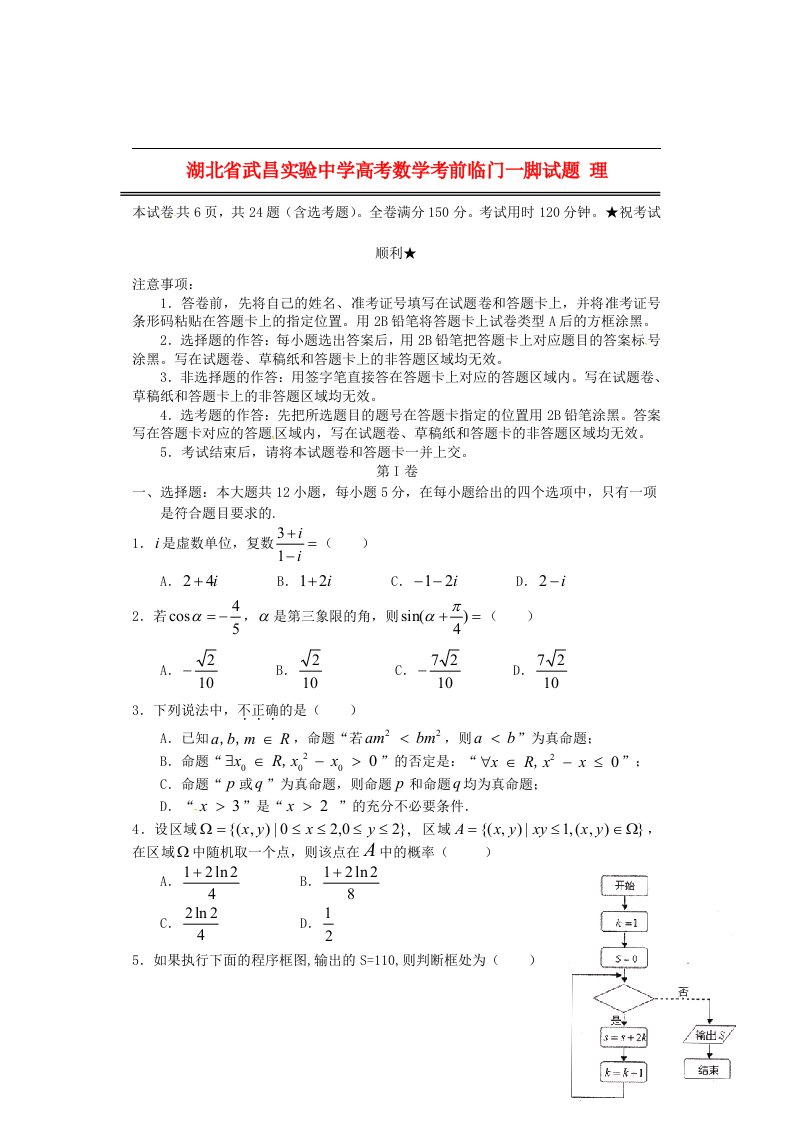 湖北省武昌实验中学高考数学考前临门一脚试题