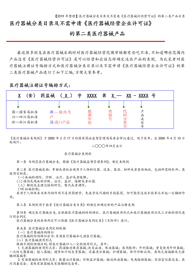 【2019年整理】医疗器械分类目录及不需要《医疗器械许经营可证》的第二类产品目录