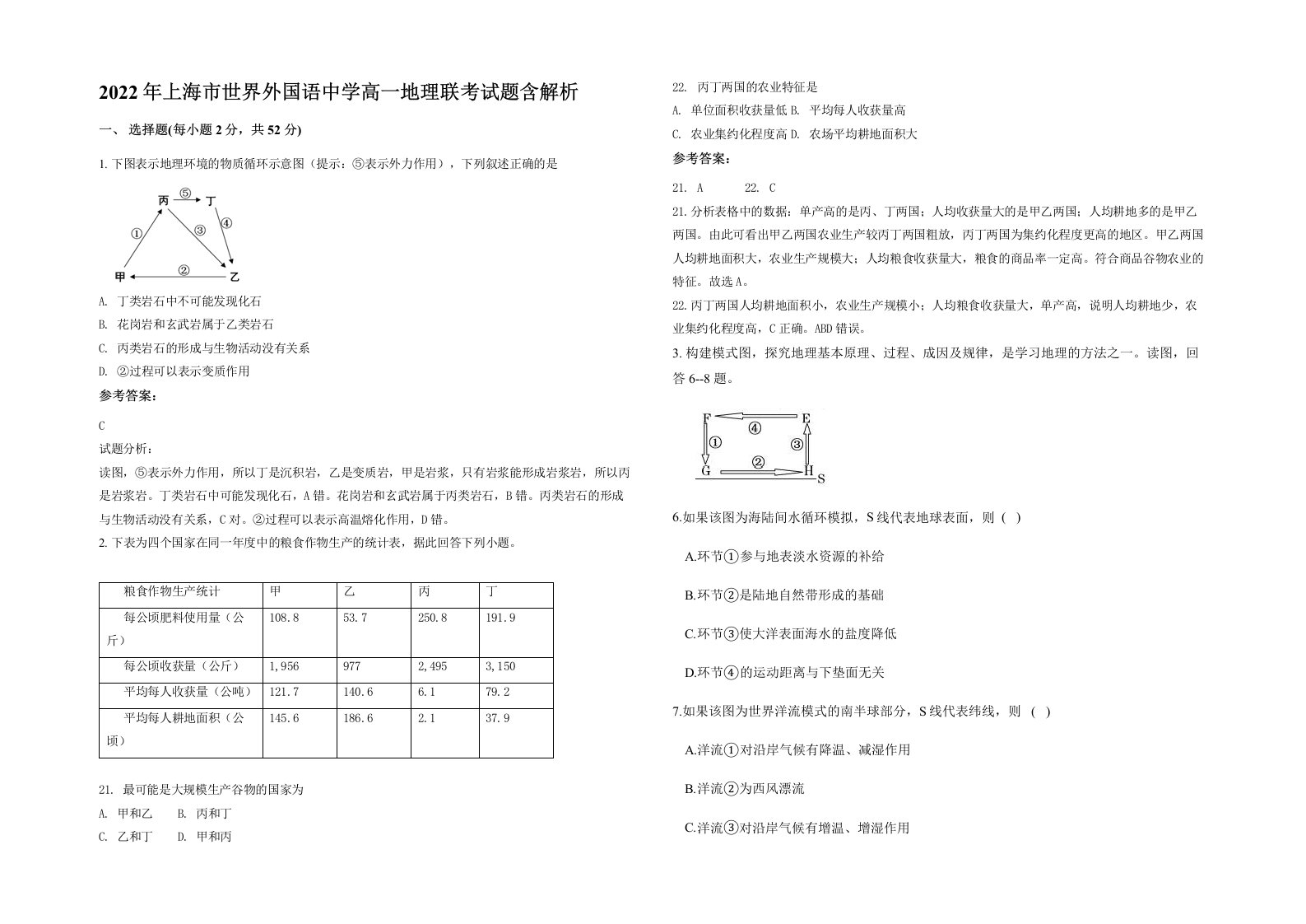 2022年上海市世界外国语中学高一地理联考试题含解析