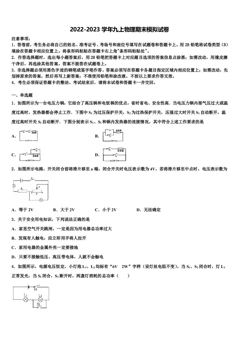 2022-2023学年湖北省黄石市河口中学物理九年级第一学期期末复习检测试题含解析