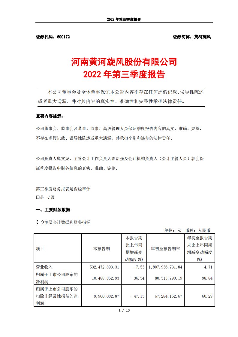 上交所-河南黄河旋风股份有限公司2022年第三季度报告-20221030