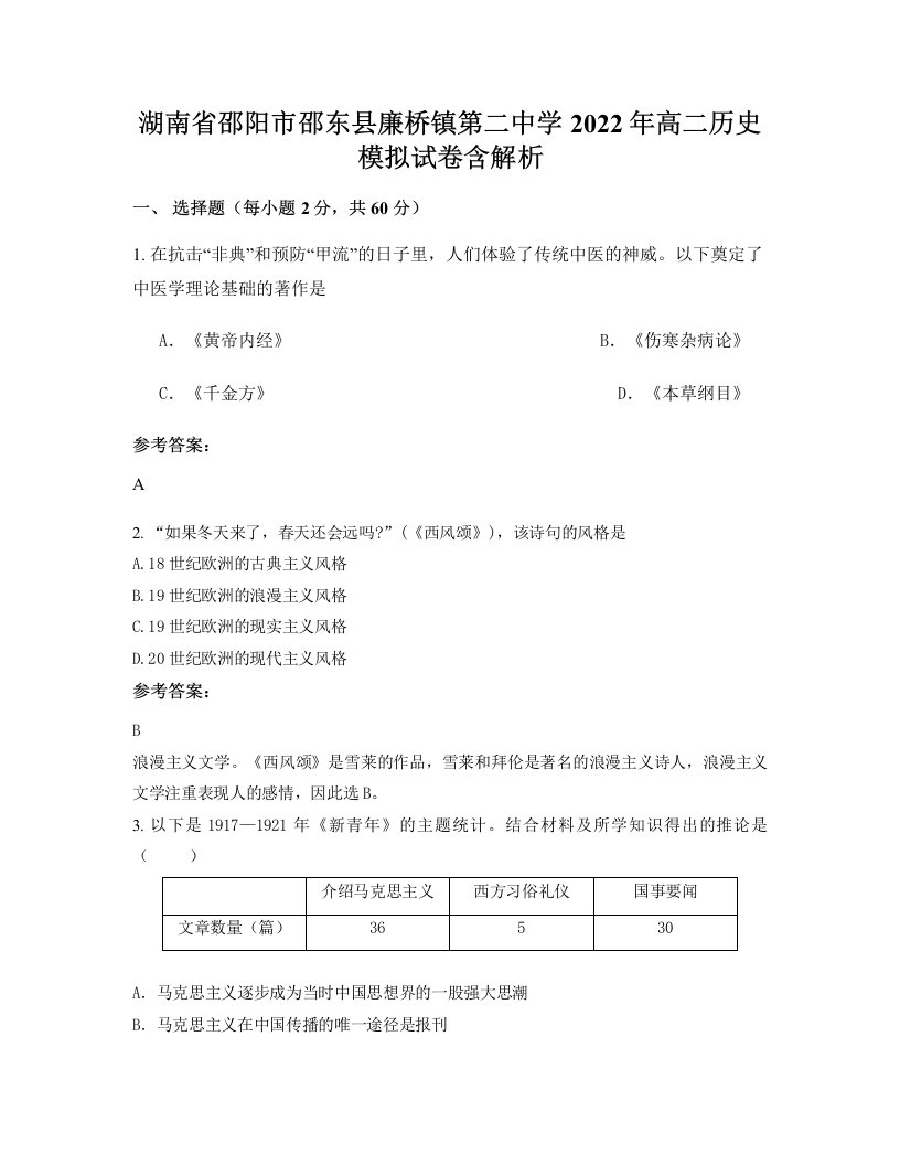 湖南省邵阳市邵东县廉桥镇第二中学2022年高二历史模拟试卷含解析