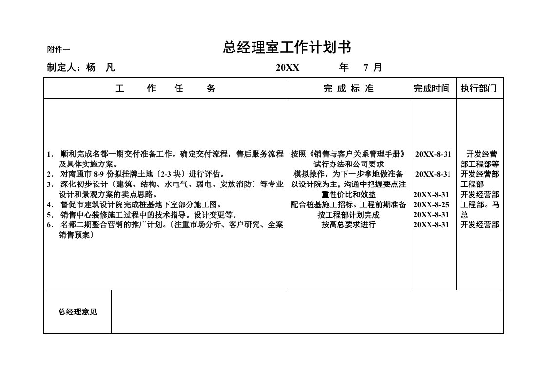 工作计划-总经理室七月工作计划书