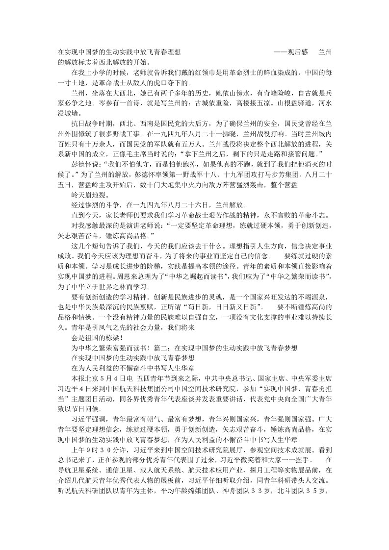 读在实现中国梦的生动实践中放飞青春梦想心得体会