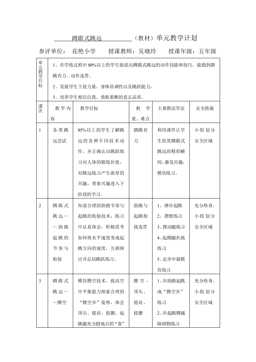 单元(含课时)教学计划评比--吴晓玲