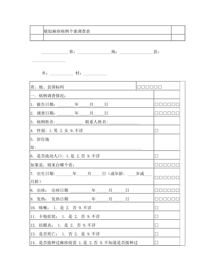 麻疹个案调查表