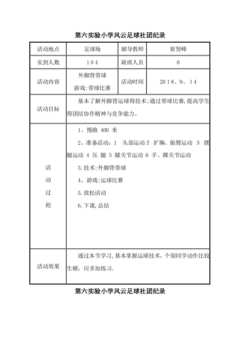 足球社团活动记录表