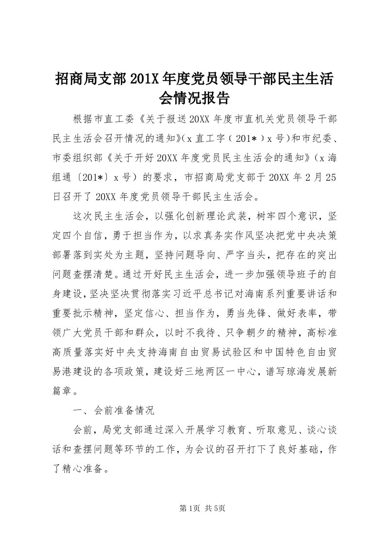 7招商局支部0X年度党员领导干部民主生活会情况报告