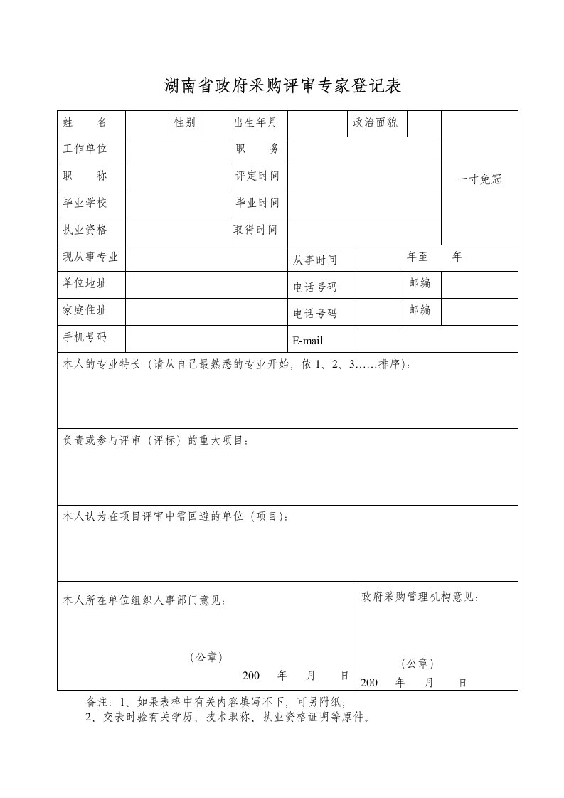 湖南省政府采购评审专家登记表