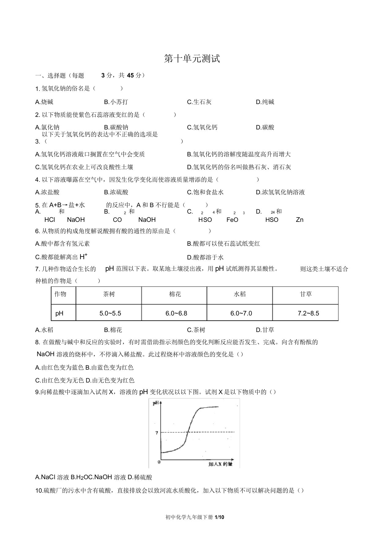 人教版化学九年级下册第十单元酸和碱单元测试卷02