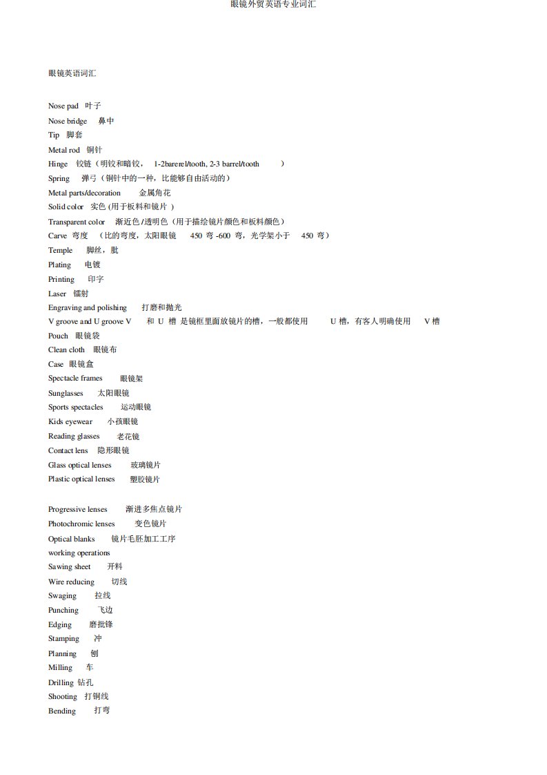 眼镜外贸英语专业词汇
