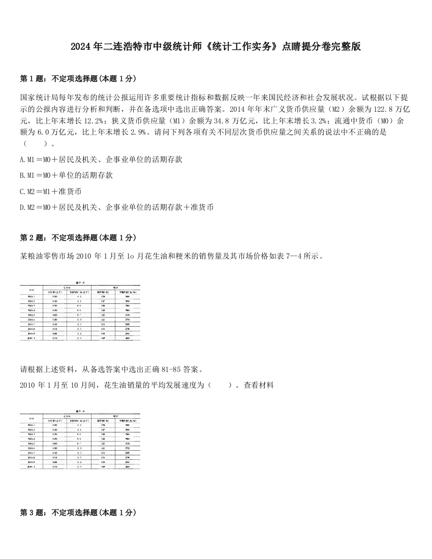 2024年二连浩特市中级统计师《统计工作实务》点睛提分卷完整版