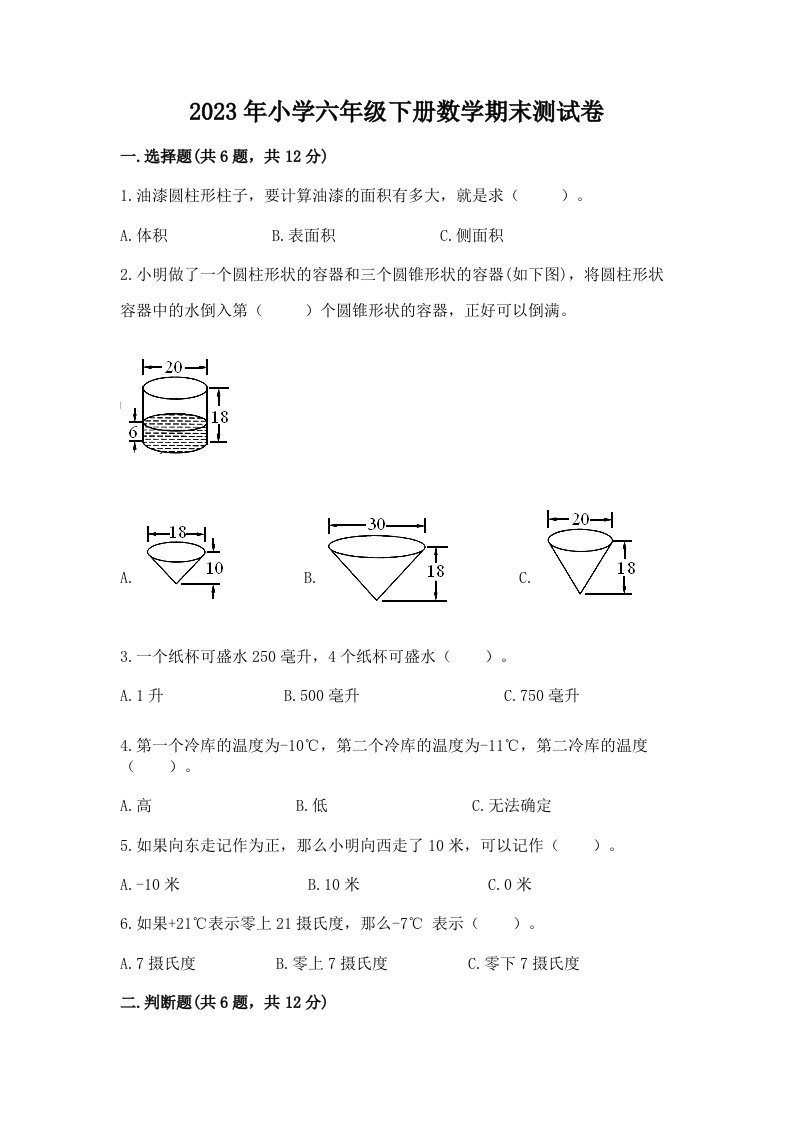 2023年小学六年级下册数学期末测试卷附完整答案（各地真题）