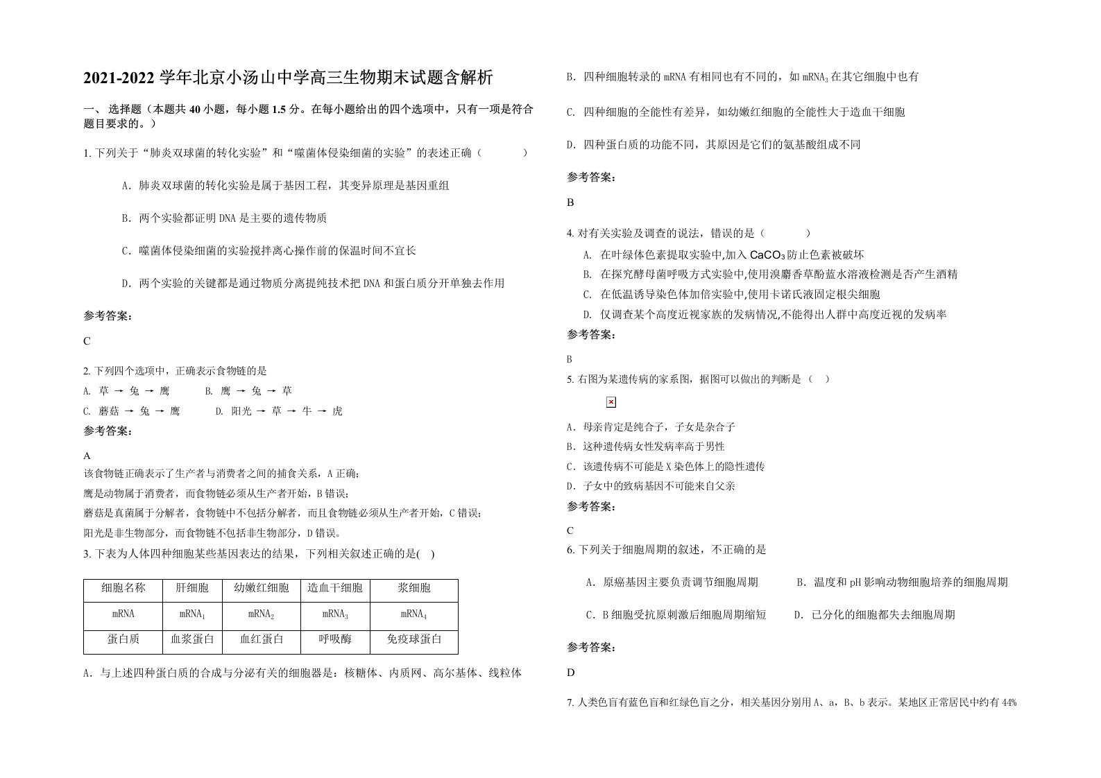 2021-2022学年北京小汤山中学高三生物期末试题含解析