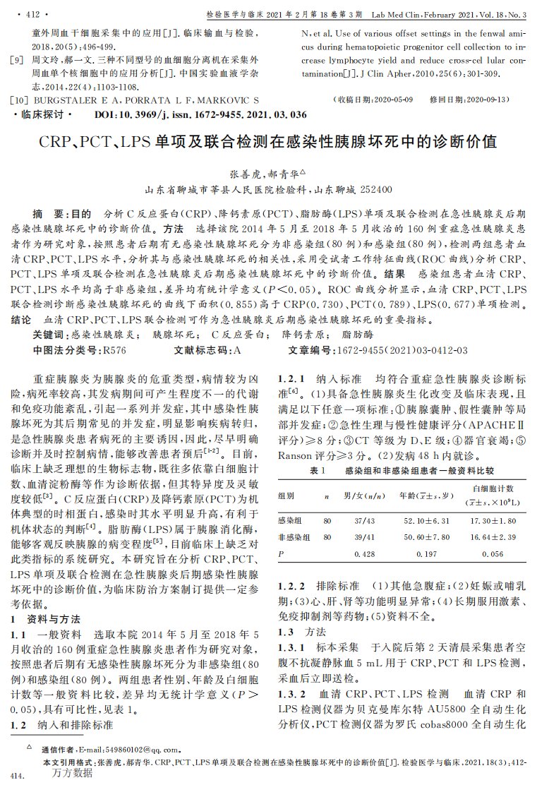 CRP、PCT、LPS单项及联合检测在感染性胰腺坏死中的诊断价值