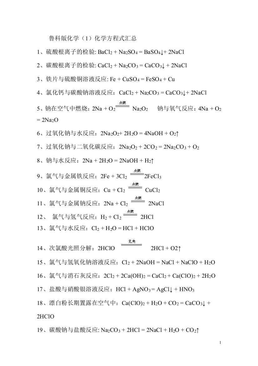 (完整版)鲁科版必修化学方程式汇总-推荐文档