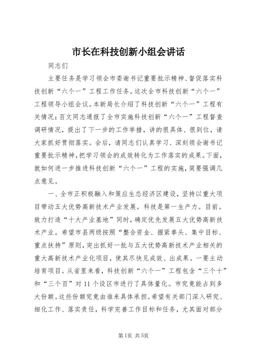 市长在科技创新小组会讲话