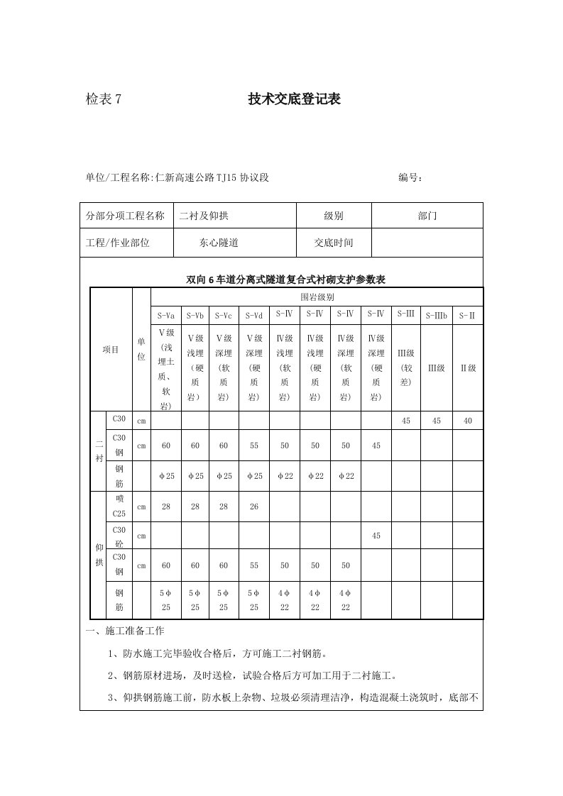 隧道二级仰拱二衬技术交底记录表