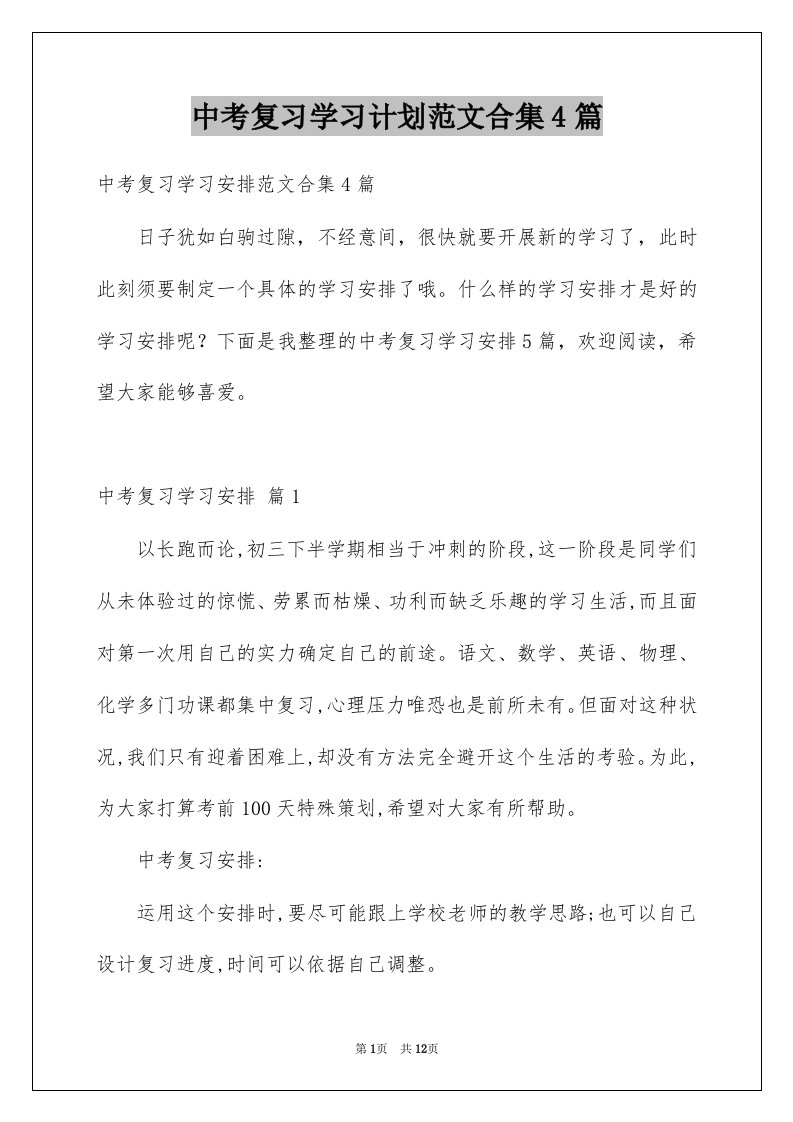 中考复习学习计划范文合集4篇