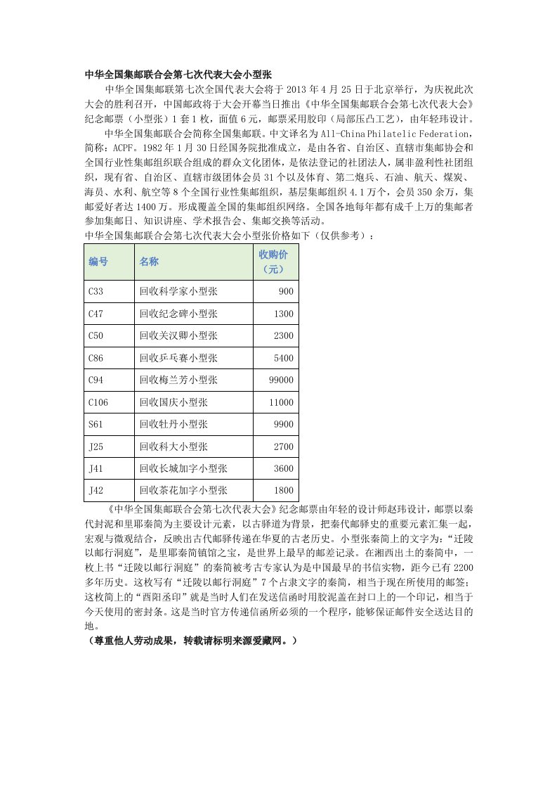 中华全国集邮联合会第七次代表大会小型张