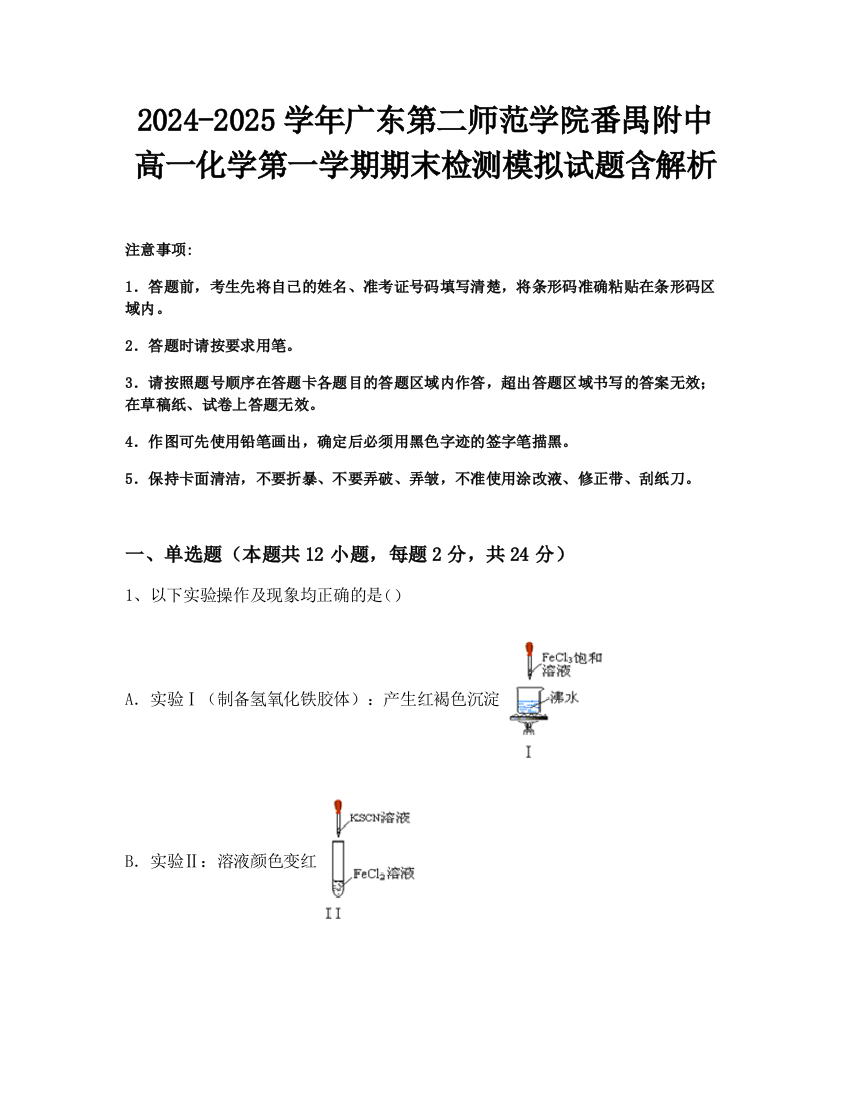 2024-2025学年广东第二师范学院番禺附中高一化学第一学期期末检测模拟试题含解析