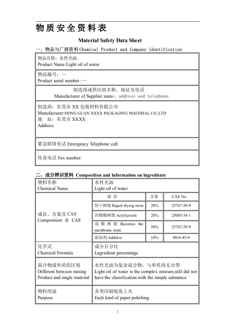 水性上光油物质安全资料表1