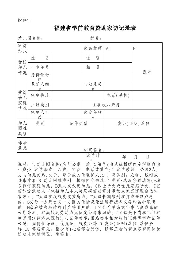 1福建省学前教育资助家访记录表