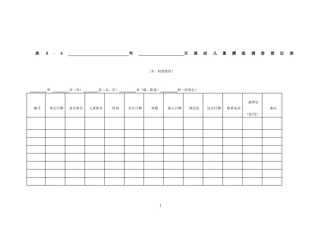 流动儿童摸底调查登记表