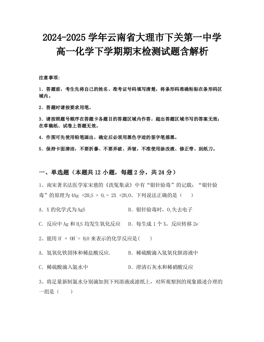 2024-2025学年云南省大理市下关第一中学高一化学下学期期末检测试题含解析