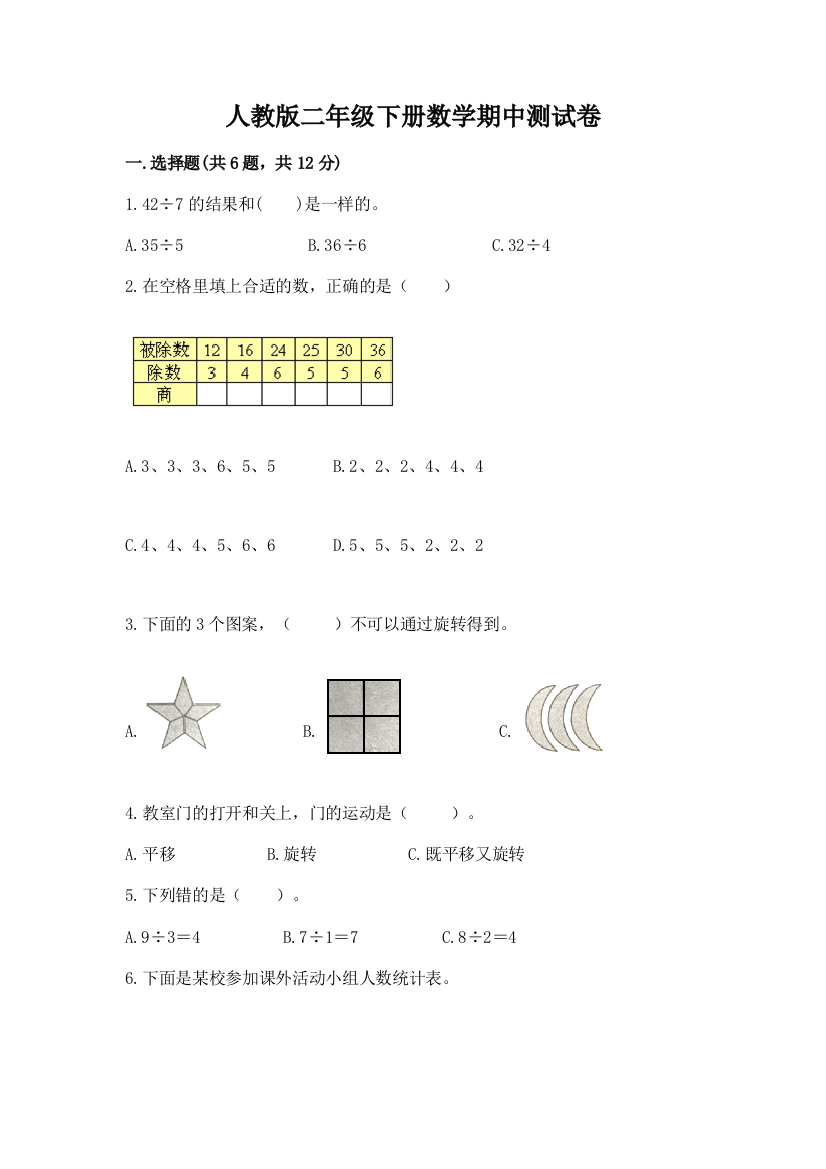 人教版二年级下册数学期中测试卷附参考答案（突破训练）