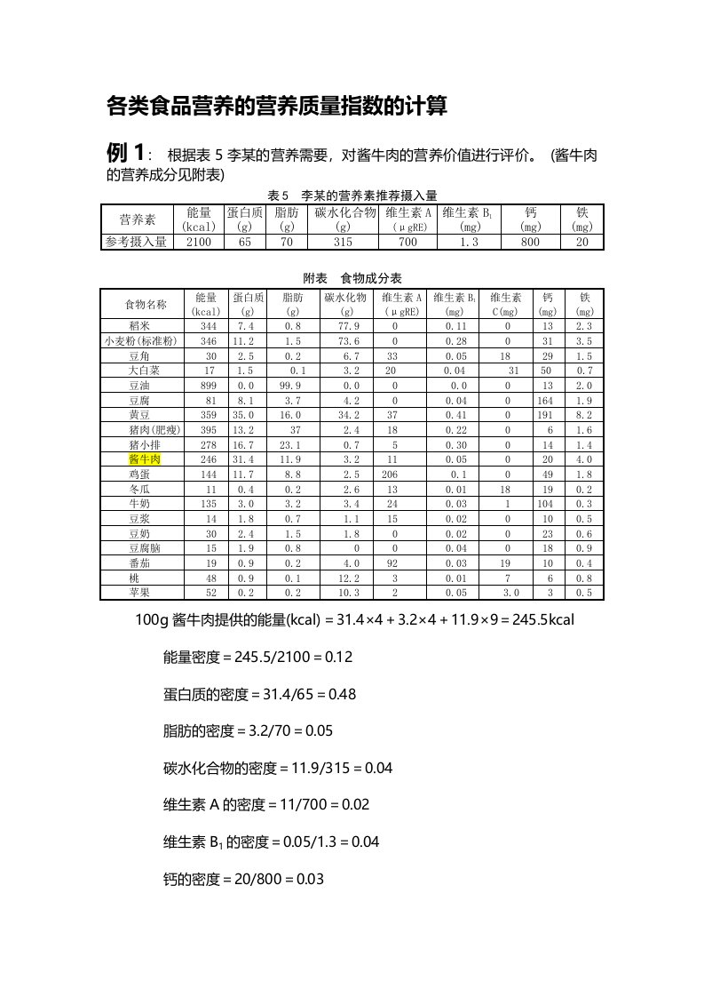 各类食品营养的营养质量指数的计算